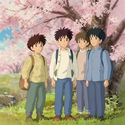 sakura, boys, in the style of studio ghibli, j. c. leyendecker, greg rutkowski, artem