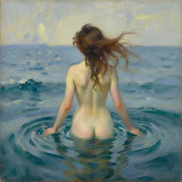 a girl in the middle of the waves, backwards, beautiful hair, oil painting, rembrandt, sorolla, award winning painting, diffuse outline