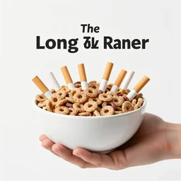The Long Ranger advertising for cigarette cereal holding a bowl of used cigarettes
