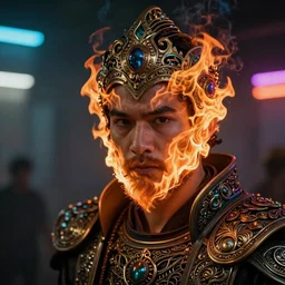 Man with fire flames facial hair, light atmosphere, neon, cinematic shot, intricate, ornate, photorealistic, ultra detailed, realistic, 100mm, photography, octane, high definition, depth of field, bokeh, 8k, artstation