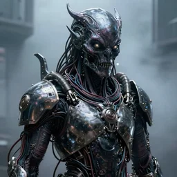 a close up sci fi horror quarter - length portrait of a shadow demon fused into massive wires and wearing sci fi armor, cinematic lighting, smooth, high detail, glowing eyes, studio quality, unreal engine, octane render, by alexandros pyromallis, fog volumes, metal panels, greeble detail, cgsociety