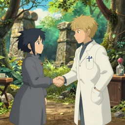 hyperrealist interior shot from howls moving castle ( 2 0 0 4 ) of a grey monk shaking hands with a scientist. sunny jungle stonehenge. cartoon depth of field.