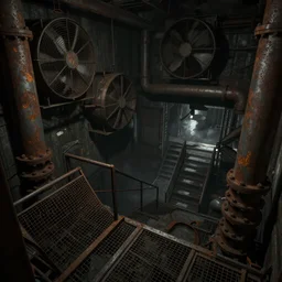 wire, grate, iron, pipes, steam, fans, stairs, rust horror darkness, destroyed, highs detailed, unreal engine