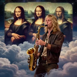 a young blond hippie man on future playing sax, on cosmic cloudscape, italian futurism, Dan Mumford, da vinci, Josan Gonzalez