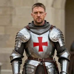 Film still of Tom Hardy as crusader, wearing full armour, red cross on chest by Arthur Adams, Diego Gisbert Llorens