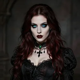 a beautiful goth blasian woman with heterochromia and gothic clothing