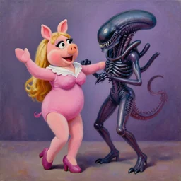 “high quality oil painting of Miss Piggy and a xenomorph dancing”