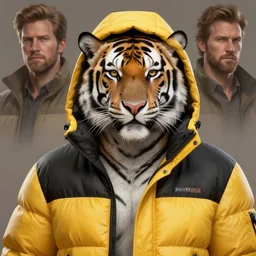 a beautfiul award winning aesthetic commission of an antrho albino tiger wearing a yellow-black padded hooded puffer jacket,digital art,art by greg rutkowski,character design by charles bowater,ross tran,photorealistic,detailed face,hyperdetailed,western comic,2021,artstation,deviantart,unrela engine 5
