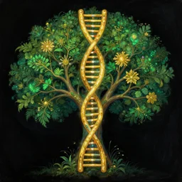 human dna! is biblical rooted tree! of wisdom! and knowledge! and eternal life! and enlightenment, golden and green enchanted botany illustration, dark background, by marianne north, by android jones, digital bioluminiscent oil painting, very coherently symmetrical, octane render, high contrast