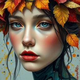 close - up portrait of beautiful girl by irakli nadar with intricate detailed color smashing fluid oil paint and acrylic, autumn leaves headdress, melting wax, mycelia, abstract impressionism, ruan jia, fantasy, hyper detailed, concept art, by gustav klimt,