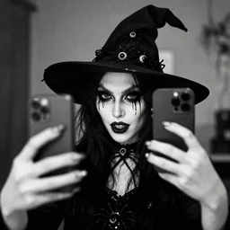 a evil witch with many small round black spider eyes taking a selfie photo, black and white grainy, chromatic aberration, close to the camera, scary, horror