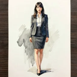 a perfect, realistic professional digital sketch of a Japanese young business lady posing, in style of Marvel, full length, by pen and watercolor, by a professional American senior artist on ArtStation, a high-quality hollywood-style sketch, on high-quality paper