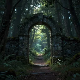Forest at night with a portal leading into a sunny world. Gloomy, forest at night. Stone archway, centralized. The portal leads into a sunny world. Highly detailed, trending on artstation.