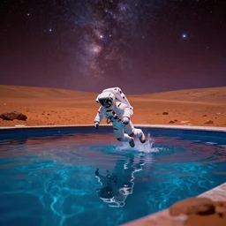 an astronaut swimming in a pool on mars, sky is full of stars and colors reflecting in the pool