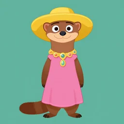 detailed flat 2 d : female marten character : wearing jewelry : wearing a pink dress : wearing yellow hat : head torso legs feet : lorax movie : artstation, cel shaded
