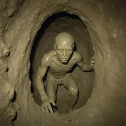 found footage of a humanoid made of wet clay emerging from a wall inside of a cave made of wet clay, creepy, flash photography, unsettling, moist, low quality, dark environment, cavern, spelunking