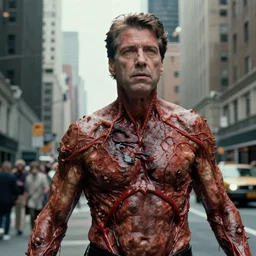 andrew cuomo body horror directed by david cronenberg, new york city background, limb mutations, swollen veins, red flesh strings, cinestill 8 0 0 t, 1 9 8 0 s movie still, film grain