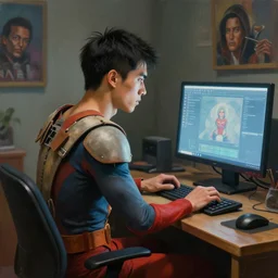 an insanely detailed painting of an asian man wearing a homemade superhero costume, sitting at a desk, staring seriously at the computer and typing, in the style of peter mohrbacher, james jean, artgerm, dramatic lighting and composition, surreal background!!!, octane render, pixar, trending on artstation, concept art, comic book, view from behind, 8 k