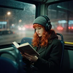 A portrait photography of a redhead woman seating in a bus reading a book at night. She is wearing a beanie and headphones. There is fog outside. Neo noir style mood. City lights and glow. Cinema frame. Swirly bokeh. Lomography CN 100 film. Detailed. High quality. Lens flare. Grainy film.