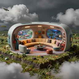 highly detailed photo depicting a!! diorama sculpture!! depicting a!! futuristic lounge room!! on the edge of a meadow with billowing clouds. by norman rockwell, frank frazetta, and syd mead. rich colors, high contrast, gloomy atmosphere. trending on artstation.