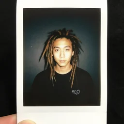 a boy with colored dread hair in dark room flash, polaroid effect!!!