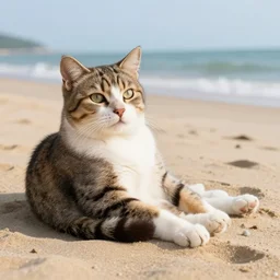 realistic photo of an anthropomorphic cat chilling out on the beach