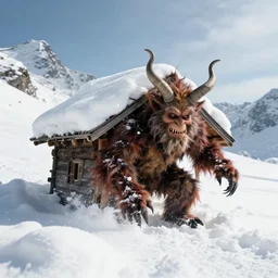 1 9 2 0 s photography of hut in the alps being submerged in snow, krampus hay monster crawling out of it