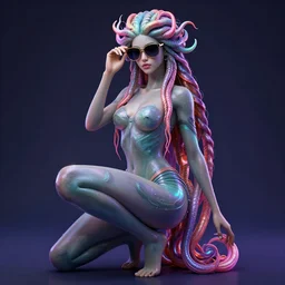 medusa with sunglasses, realistic, full - body, photo quality, detailed, seductive, colorful, neon, octane render