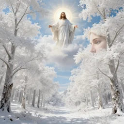 a fantasy landscape with white beautiful trees and jesus in heaven, perfect faces