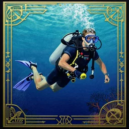 vaporwave art deco of scuba diver by adolphe millot