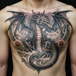 chest tattoo of a dragon, deep focus, d & d, fantasy, intricate, elegant, highly detailed, digital painting, artstation, concept art, matte, sharp focus, illustration, hearthstone, art by artgerm and greg rutkowski and alphonse mucha