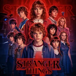 Stranger Things Season 5 Poster, high resolution, hyper detailed, intricate, photorealistic, all cast members, netfilx !n-9