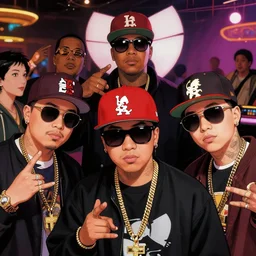 a photograph of a young wu tang clan with wayfarer glasses and red baseball cap at a casino party, by floro dery, shoji kawamori, and greg rutkowski, artstation, concept art, high quality illustration, mtmte, cover art