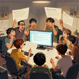 all ai art generators in a small room, collectively trying to create their best representations of the prompts that are inputted, the ai art generators are under pressure, some of them are sweating, illustration, sharpen