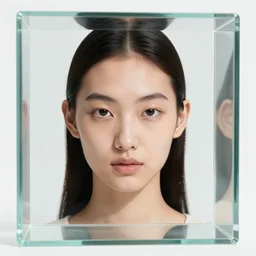 close up of head of a fashion model, standing in glass cube, editorial of dior magazine, photo from below, highly detailed