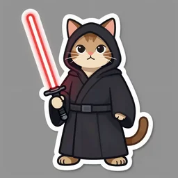 a sticker illustration of a cat wearing a sith robe and holding a red lightsaber