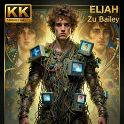 hyperrealist portrait of elijah zu bailey, it is decorated with long wires that fall like vines and wears small computers over their body. by jeremy mann and alphonse mucha, fantasy art, photo realistic, dynamic lighting, artstation, poster, volumetric lighting, very detailed faces, 4 k, award winning