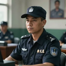 an ultra realistic, cinematic headshot portrait of a prison guard, sat in an office, deep focus, dreamy, dramatic lighting