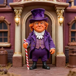 ultra wide angle photo of a maquette sculpture of donald trump as willy wonka diorama, he is wearing a victorian era purple jacket and pants, and a velvet purple top hat over his long orange hair and is holding a candy cane colored cane. his skin is an orange color like an oompa loompa. he is standing at the front door of his chocolate factory, maquette in the style of sideshow collectibles, highly detailed sculpture
