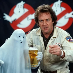 full - color cinematic movie still from the 1 9 8 4 film ghostbusters starring john belushi as a ghostbuster stalking a beer - drinking ghost in new york. detailed facial - features ; supernatural ; action ; comedy.