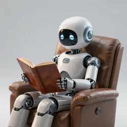 futuristic lonely matte gray and glossy white humanoid robot with big comically sad LED eyes and open rectangular mouth sits facing to the left, reading a hardbound leather book on a large comfortable cushioned vintage recliner. Cinematic Lighting, Cinematic Movie Photograph, Arri Alexa, Extremely Detailed, smooth, very very clean, simple, 8K, octane render, maya render, unreal engine, trending on artstation, DSLR