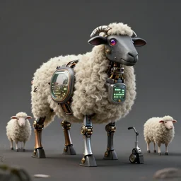 wide - shot sheep robot, electric sheep, steampunk sheep, droid sheep, glowing diods, greg simkins, android jones, rutkowsky, matte painting, render, hyperrealistic, highly detailed, accurate
