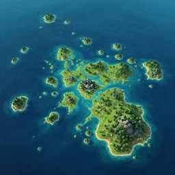isometric from very far ultra realistic illustration, many tiny islands on vast ocean, mobile 2 d game map, 2 d background, matte painting, hyper detailed photo realism by greg rutkowski, rich contrast of colors, 1 0 0 mega pixels, league of legends artwork