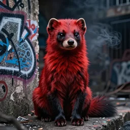 photo ( far _ shot ), subject [ furry _ fandom _ fursona _ original _ character ( red - black, anthropomorphic _ humanoid, weasel - ferret - stoat ) ], background ( dark _ smoke, concrete _ wall ), medium [ graffiti ( spray _ paint ) ], location ( favela )