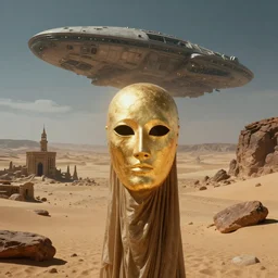 glowing bene gesserit in full - face golden mask in a dry rocky desert landscape with abandoned city beneath the sand and giant alien spaceship in the sky by christopher doyle and alejandro jodorowsky, anamorphic lens, kodakchrome, cinematic composition, very detailed photo, 8 k,