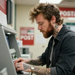 a closeup photorealistic photograph of post malone working at a post office. bright scene. fine detail. this 4 k hd image is trending on artstation, featured on behance, well - rendered, extra crisp, features intricate detail, epic composition and the style of unreal engine.