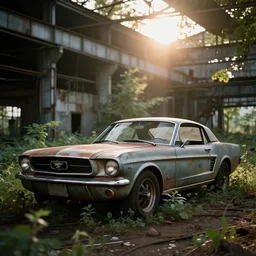 A rusty old mustang in an abandoned big factory, sun lighting from above, taken with a Leica camera, overgrown foliage,  ambient lighting, bokeh, sunset time, highly detailed art