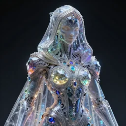cybernetic crystal assassin, award winning concept render, realistic, intricate linework, beautiful spectrum of colorful gems, cyborg, glowing, baroque, hooded, ornate!!!, futuristic, detailed, moody, magical, wlop, chebokha, rutkowski, artgerm