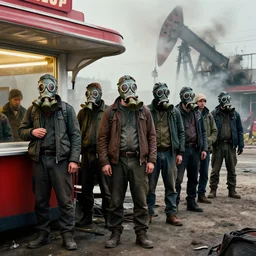 waiting in line for crude oil by simon stalenhag and gil elvgren and tom bagshaw and marc simonetti and jan miense molenaer and arthur adams, dystopian slums, diner, highly detailed, hyperrealism, smog, high contrast, high saturation, gas masks