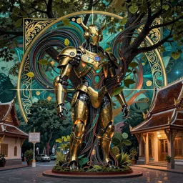 a streeet view of wat rong khun by alphonse mucha and charlie bowater and art germ, rule of thirds, golden ratio, art nouveau! cyberpunk! style, mechanical accents!, mecha plate armor, glowing leds, flowing wires with leaves, art nouveau accents, art nouveau patterns and geometry, rich deep moody colors